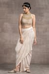 Tarun Tahiliani_Pink Foil Jersey Embellishment Crystal And Sequin High Blouse & Draped Skirt Set _Online_at_Aza_Fashions