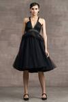 Buy_Tarun Tahiliani_Black Tulle V Neck Peplum Dress_at_Aza_Fashions