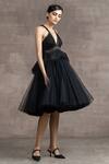 Tarun Tahiliani_Black Tulle V Neck Peplum Dress_Online_at_Aza_Fashions