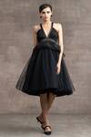 Buy_Tarun Tahiliani_Black Tulle V Neck Peplum Dress_Online_at_Aza_Fashions