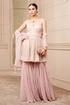 Buy_Tarun Tahiliani_Pink Crinkle Net And Tulle Embellishment Sequin Strapless Peplum Kurta Sharara Set_at_Aza_Fashions