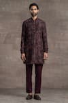 Buy_Tarun Tahiliani_Wine Dupion Silk Printed Floral Kurta Set _at_Aza_Fashions