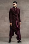 Buy_Tarun Tahiliani_Wine Velvet Floral Pattern Sherwani Set _at_Aza_Fashions