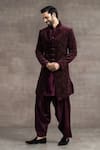 Buy_Tarun Tahiliani_Wine Velvet Floral Pattern Sherwani Set _Online_at_Aza_Fashions