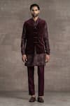 Buy_Tarun Tahiliani_Wine Velvet Floral Bundi And Kurta Set _at_Aza_Fashions