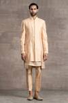 Buy_Tarun Tahiliani_Peach Kurta - Silk Cotton Textured Sherwani Set_at_Aza_Fashions