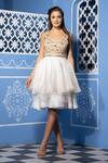 Buy_Tamaraa By Tahani_Beige Duchess Satin V Neck Embroidered Dress _Online_at_Aza_Fashions