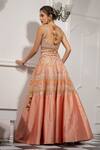 Shop_Tamaraa By Tahani_Peach Net, Silk Taffeta Sweetheart Neck Embroidered Bridal Lehenga Set _at_Aza_Fashions