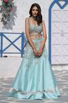 Tamaraa By Tahani_Blue Organza, Silk Taffeta V Neck Embroidered Lehenga Set _Online_at_Aza_Fashions