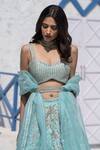 Shop_Tamaraa By Tahani_Blue Organza, Silk Taffeta V Neck Embroidered Lehenga Set _Online_at_Aza_Fashions