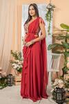 Tamaraa By Tahani_Red Georgette V Neck Embellished Ruffle Saree With Blouse _Online_at_Aza_Fashions