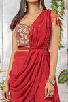 Tamaraa By Tahani_Red Georgette V Neck Embellished Ruffle Saree With Blouse _at_Aza_Fashions