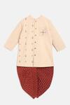Tiber Taber_Peach Cotton, Voile Embroidery Kurta And Red Dhoti Pant Set_Online_at_Aza_Fashions