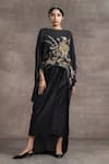 Buy_Tarun Tahiliani_Black Georgette And Silk Satin Floral Round Asymmetric Top With Skirt _at_Aza_Fashions