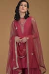 Shop_Talking Threads_Red Dupatta- Net, Kurta, Pant- Chanderi Floral, Zardozi V Neck Gharara Set _Online_at_Aza_Fashions