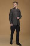Talking Threads_Grey Pure Raw Silk Pintuck Bandhgala And Pant Set_Online_at_Aza_Fashions