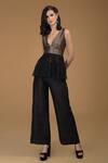 Buy_Talking Threads_Black Raw , Brocade V Neck Peplum Top And Pant Set _at_Aza_Fashions