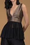 Talking Threads_Black Brocade Peplum Top And Pant Set_at_Aza_Fashions