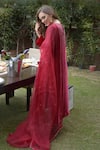 Talking Threads_Red Kurta Embroidery Crystal V Neck Velvet Set  _Online_at_Aza_Fashions