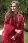 Shop_Talking Threads_Red Kurta Embroidery Crystal V Neck Velvet Set  _Online_at_Aza_Fashions