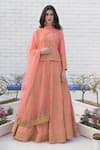 Buy_Talking Threads_Peach Raw Silk High Neck Embroidered Short Kurta And Lehenga Set  _at_Aza_Fashions