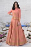 Buy_Talking Threads_Peach Raw Silk High Neck Embroidered Short Kurta And Lehenga Set  _Online_at_Aza_Fashions