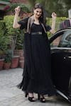 Buy_Talking Threads_Black Silk Brocade Gown Round Jacket Mandarin Chiffon Flared With  _at_Aza_Fashions