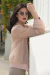 Buy Talking Threads Peach Silk Organza Embroidered Bomber Jacket Online at Aza Fashions Buy_Talking Threads_Peach Silk Organza Embroidered Bomber Jacket _Online_at_Aza_Fashions