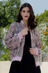 Buy Talking Threads Pink Silk Organza Embroidered Bomber Jacket at Aza Fashions Buy_Talking Threads_Pink Silk Organza Embroidered Bomber Jacket _at_Aza_Fashions