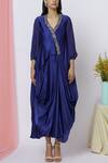 Aariyana Couture_Blue Modal Satin V Neck Draped Tunic _Online_at_Aza_Fashions