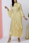 Buy_Aariyana Couture_Yellow High Round Neck Embroidered Draped Kurta _at_Aza_Fashions