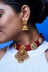 Shop_Tizora_Gold Plated Pearls, Stones, Gota Patti Handcrafted Temple Necklace Set _Online_at_Aza_Fashions