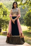 Basanti - Kapde Aur Koffee_Blue Blouse Raw Silk Embroidered Mirror Halter Tiered Lehenga Set _Online_at_Aza_Fashions