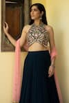 Basanti - Kapde Aur Koffee_Blue Blouse Raw Silk Embroidered Mirror Halter Tiered Lehenga Set _at_Aza_Fashions