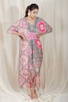 Buy_The Boozy Button_Grey Moroccan Silk Digital V Neck Unconditional Kaftan  _at_Aza_Fashions