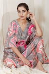 Buy_The Boozy Button_Grey Moroccan Silk Digital V Neck Unconditional Kaftan  _Online_at_Aza_Fashions