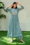 NAAZ BY NOOR_Blue Chanderi Embroidered 3d Applique Stand Collar Kurta And Palazzo Set _Online_at_Aza_Fashions