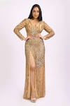 Buy_Ambrosia_Gold V Neck Sequin Embroidered Gown_at_Aza_Fashions