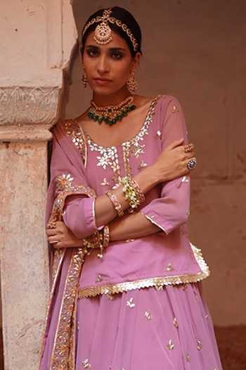 Shop_Gulabo Jaipur_Purple Georgette Gota Patti Scoop Neck Shagun Work Kurta Lehenga Set _at_Aza_Fashions