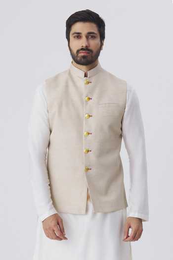 Buy_Gaurav katta_Beige Handloom Silk Nehru Jacket _at_Aza_Fashions