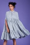 Buy_MATI_Blue Cotton Striped Cape Dress_at_Aza_Fashions