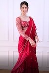 Label Sanya Gulati_Pink Georgette Embroidery Sweetheart Neck Pre-draped Saree With Blouse_at_Aza_Fashions