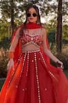 Buy_Silky Bindra_Orange Organza Embroidered Mirror Sweetheart Neck Work Bridal Lehenga Set 