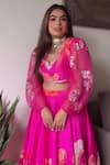 Archana Shah_Pink Organza, Bemberg Silk Sequin V Neck Lehenga And Puff Sleeve Blouse Set_Online_at_Aza_Fashions