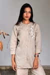 Buy_Linen Bloom_Beige Pure Linen Embroidery Chinese Collar Hand Tunic _at_Aza_Fashions