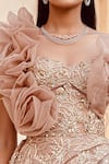 Shop_Amit GT_Peach Tulle Embroidery Sweetheart Neck Draped Gown  _Online_at_Aza_Fashions