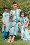 Shop_Thetaa_Sky Blue Dupion Silk Floral Band Collar Kurta Set _Online_at_Aza_Fashions