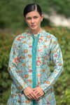 Thetaa_Sky Blue Dupion Silk Floral Band Collar Kurta Set _at_Aza_Fashions