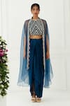 Nidhika Shekhar_Blue Silk Embroidery Crop Top Round Cape Open And Draped Skirt Set _Online_at_Aza_Fashions