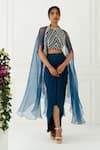 Buy_Nidhika Shekhar_Blue Silk Embroidery Crop Top Round Cape Open And Draped Skirt Set _at_Aza_Fashions